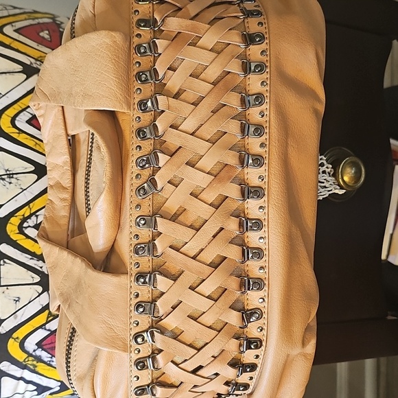 Romygold Woven Leather/Brackets Women's Spacious Travel Bag, Buttery Cream, New - Picture 3 of 8